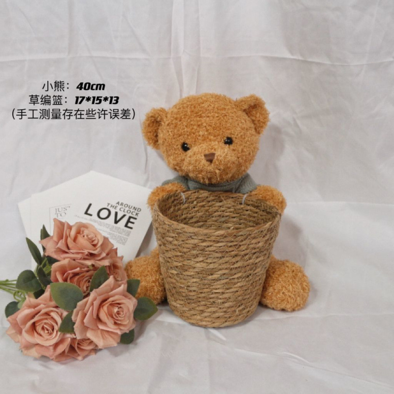 クマハグバケツ栗花束フラワー DIY 手作り誕生日ホリデーギフトわらフラワーアレンジメントフラワーバスケットハグベア|undefined