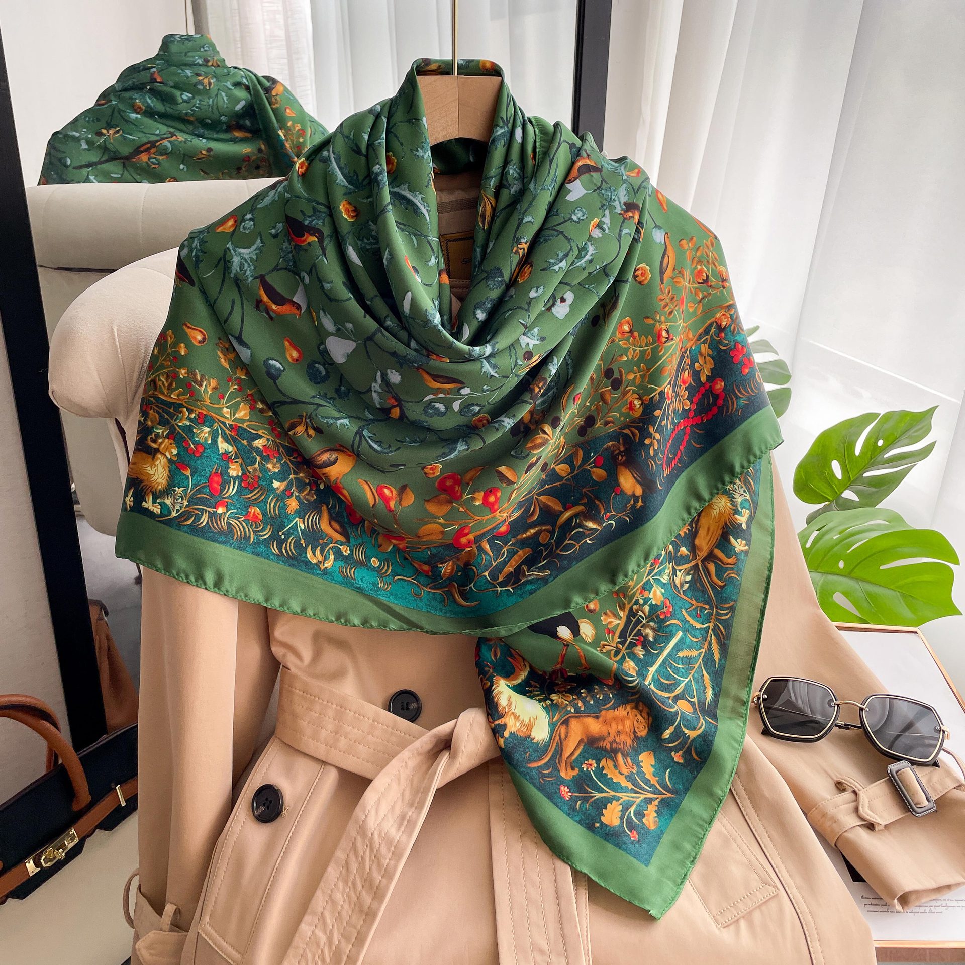 Long Silk Scarf For Women Beach Sun Protection Shawl Patterned_voghion.com