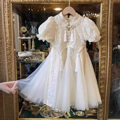 2024 New Arrival Girls' Dress: Modern Chinese-Style Kids' Hanfu Summer Wear—Featuring a Bowknot Design, Puff Sleeves, and Elegant Mesh Fabric for a Princess-Like Look