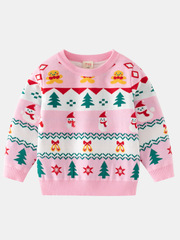 Cross-border direct supply 2024 Autumn/Winter new children's clothing for girls holiday style round neck sweater baby snowman knitting top