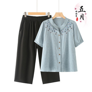 100kg Plus Size Women's Clothing for Middle-Aged Mothers, Stylish Cotton and Linen Shirts, Short-Sleeved Suits, Middle-Aged and Elderly Summer Two-Piece Suits for Women