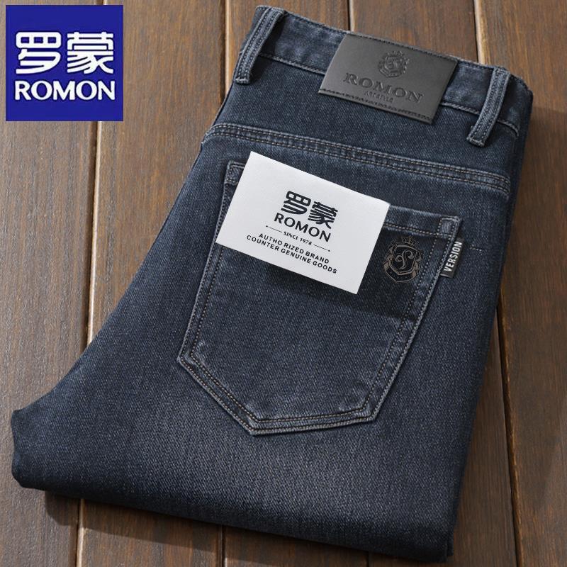 Romon Men's Jeans, Stretchy, Thin, Straight-Cut, Loose, Casual, Large Size, High-Waisted, Deep-Crotch, for Middle-Aged and Elderly, Spring/Summer