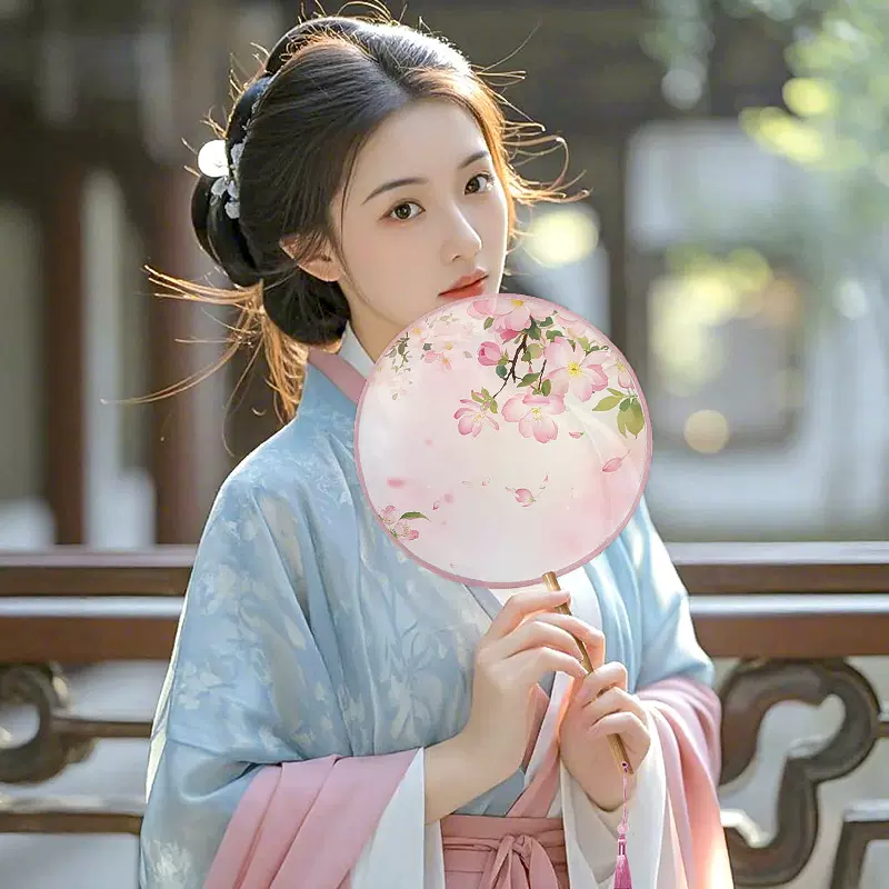 团扇古风扇子儿童夏天半透长柄舞蹈扇女童古装汉服旗袍刺绣小圆扇