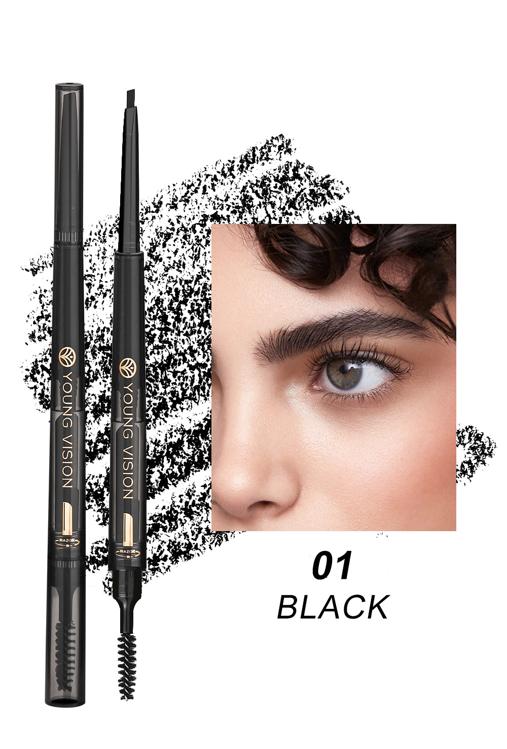 YOUNG VISION's foggy three-in-one eyebrow pencil is not prone to smudging. It features a fine and soft brush and eyebrow blade undefined