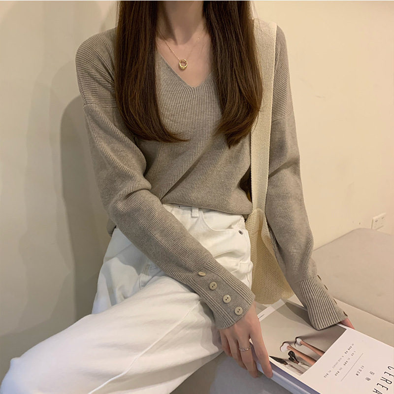 别致V领针织衫女慵懒风宽松毛衣打底衫春秋长袖冬装上衣内搭显瘦|undefined