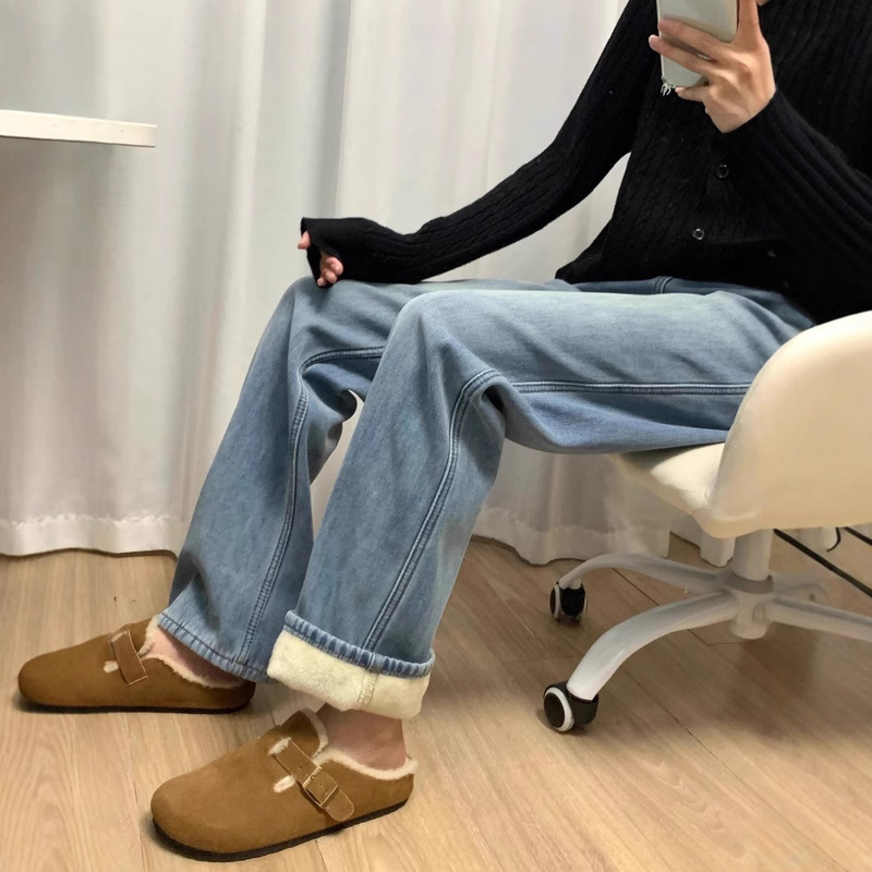 175 Tall Lined 170 Winter fleece-lined Thickened Jeans Women's High Waist Slimming light blue Straight Pants