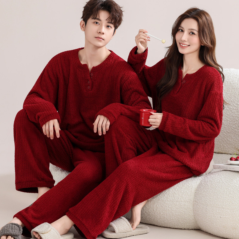 Half Velvet Red Couple Pajamas Women's Autumn and Winter Coral Velvet Wedding Plus Velvet Suit Zodiac Year Men's Home Clothes
