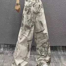 复古高腰扎染辣妹印花阔腿牛仔裤女美式新款BF懒惰风微喇拖地裤子