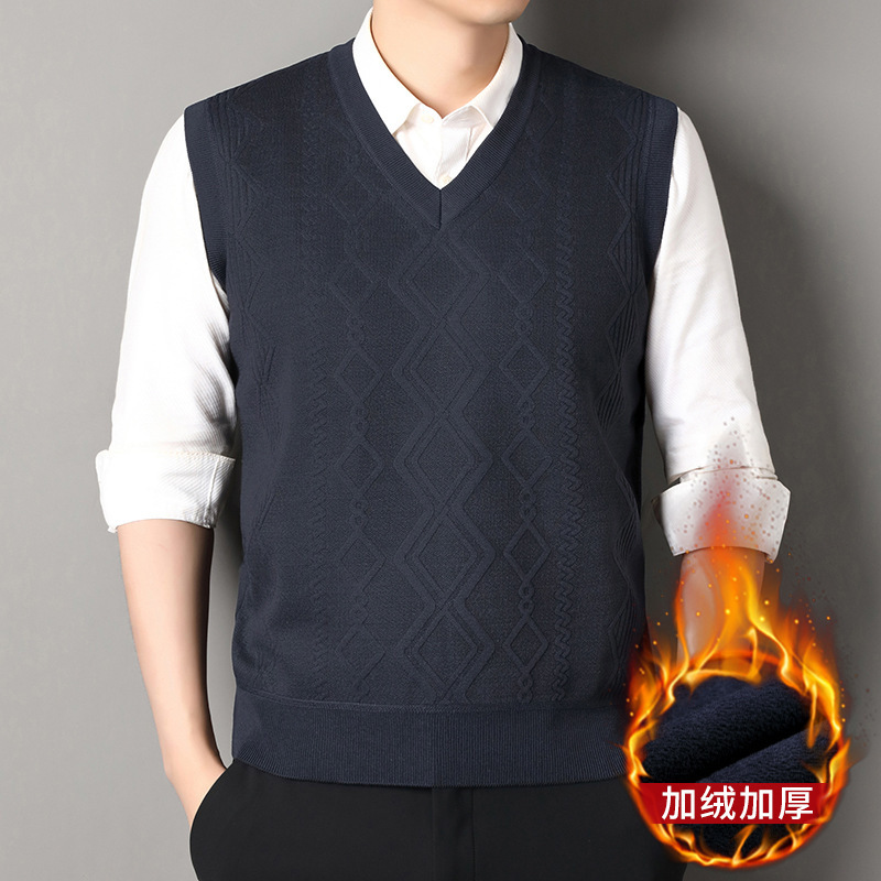 Cross-Border Autumn and Winter Pullover Sweater Vest for Men, Rhombus Fashion Inner Layer, Velvet Thickened Warm Knitted Vest for Men