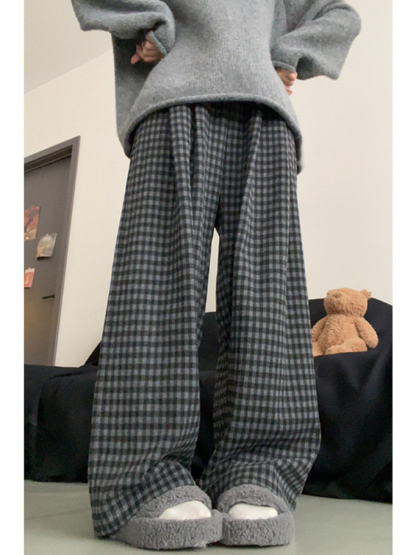 格雷系黑灰撞色阔腿慵懒风格子裤女秋季大码胖妹妹显瘦垂感休闲裤|undefined