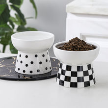 陶瓷貓碗黑白簡約加高一體貓咪寵物碗喝水貓糧碗保護頸椎貓碗狗碗