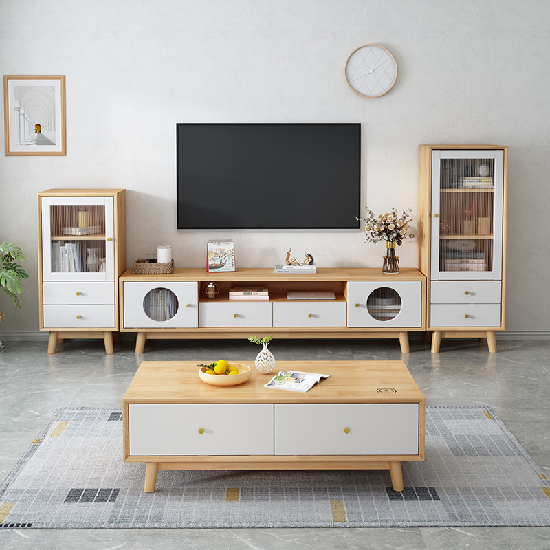 Madera maciza nórdica TV gabinete mesa de café combinación moderna minimalista hogar sala de estar gabinete de piso pequeño apartamento de pared de fondo