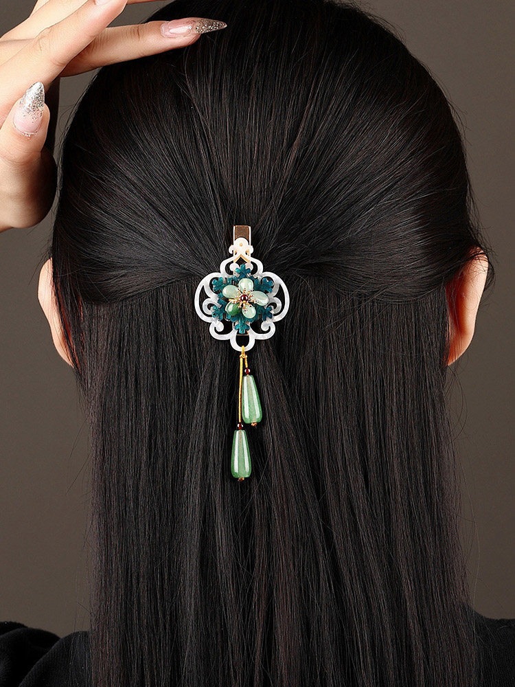 Aventurine Classical Hairpin, Top Clip Hairpin, Hanfu Cheongsam Tassel Hair Accessory, Chinese Style Spring Clip, Back of the Head Hair Ornament