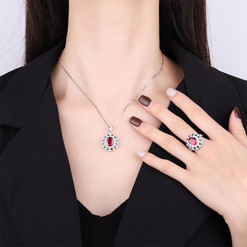 Zhuang Sheng joyería nueva S925 todo el cuerpo de plata de la vendimia de color a juego simulación paloma rojo sangre tesoro joyería traje de piedra principal 8*10