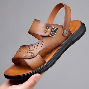 Men's Sandals Summer Beach Shoes Sandals Dual-Purpose 2025 New Genuine Leather Trbottomy Soft Sole Men's Shoes Casual Non-Slip Shoes