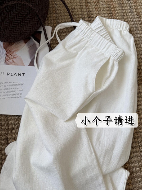 White 145 Petite Tencel Linen Wide-Leg Pants for Women, Summer Thin Style with Drape Effect, 150 Cropped Narrow Straight-Leg Pants, Size XS
