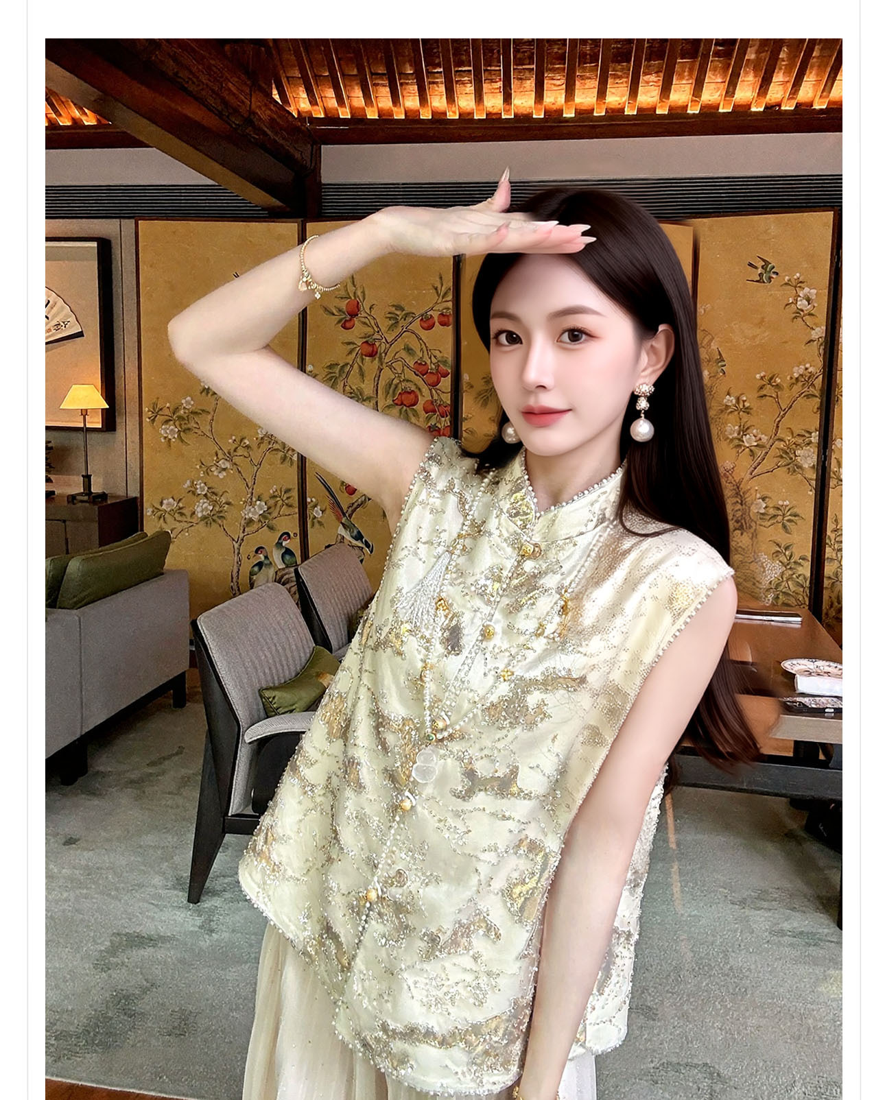 Áo gile hai dây nữ phong cách tân cổ điển cổ đứng thiết kế cao cấp — Vàng hồng chi tiết 7