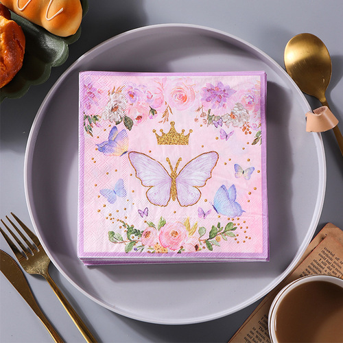 Factory New Pink Butterfly Print Table Towels Face Towels Handkerchiefs Party Pure Wood Pulp Paper Towels Wholesale
