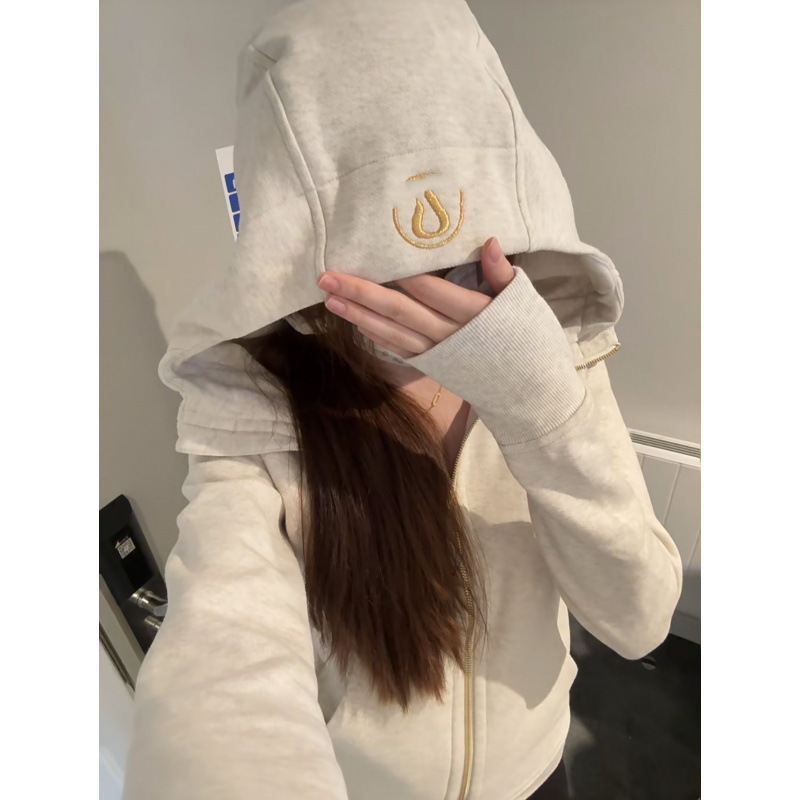 Metal Zipper Lulu's Classic Scuba Women's Autumn and Winter Slim Sports Hooded Velvet Sweatshirt Jacket Gold Label