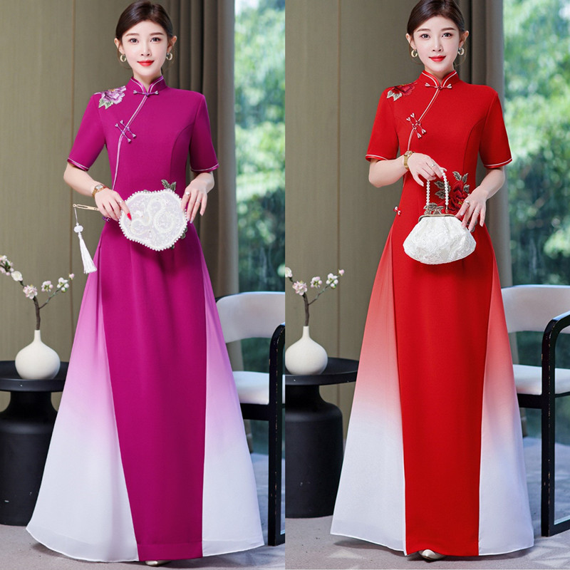 Chinese aodai qipao royal blue red gradient chinese dress female ancient choir chorus stage costumes young qipao dress