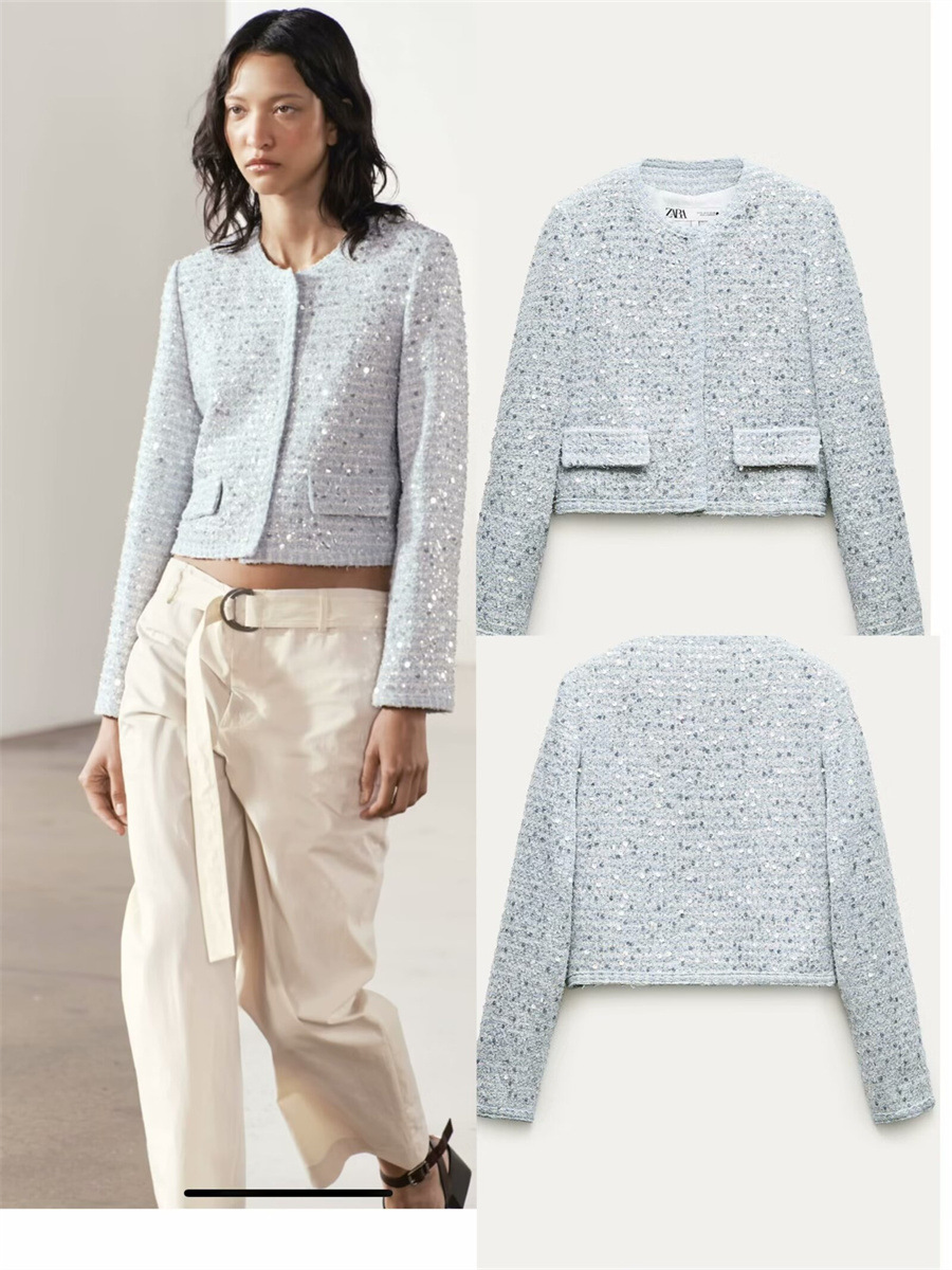 560g Weight Women's Elegant Streetwear Solid Color Sequins Single Breasted Coat Casual Jacket