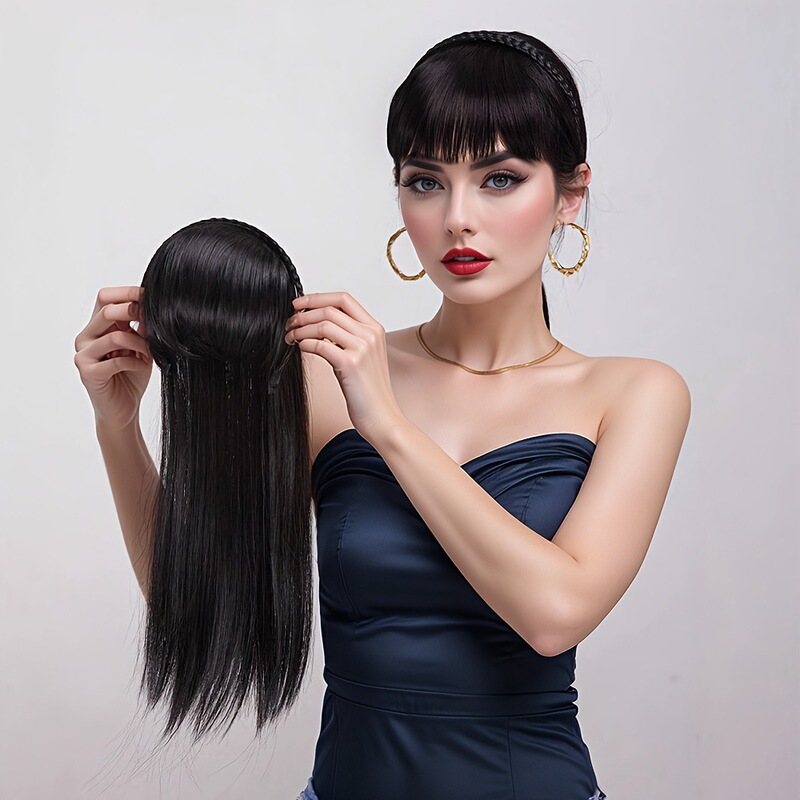 Wig for Women with Long Straight Hair, Bangs, Headband Wig, Fashionable Cover-Up for White Hair, Cross-Border Natural Black Straight Hair Wig