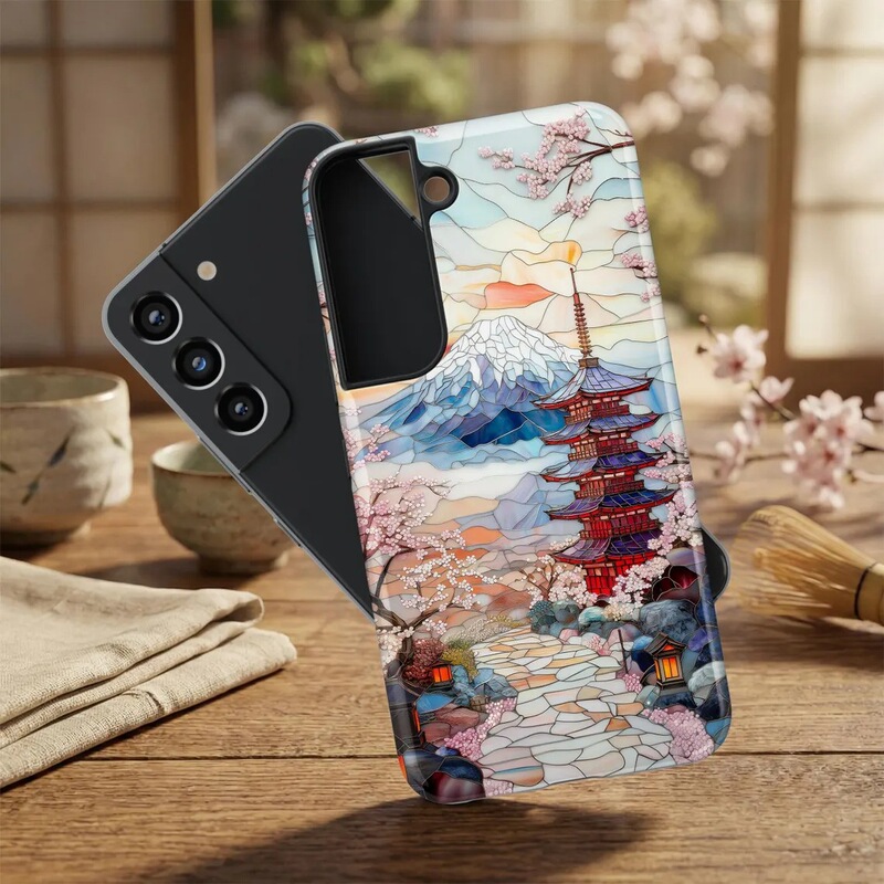 Japanese-Style Oil Painting Mount Fuji, Five-Story Pagoda, Cherry Blossom Scenery Phone Case Samsung S22 Ultra Double-Layer Anti-Drop Case