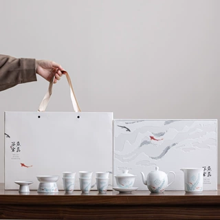 手绘玲珑茶具套组家用轻奢陶瓷盖碗茶壶功夫茶具礼盒装送礼