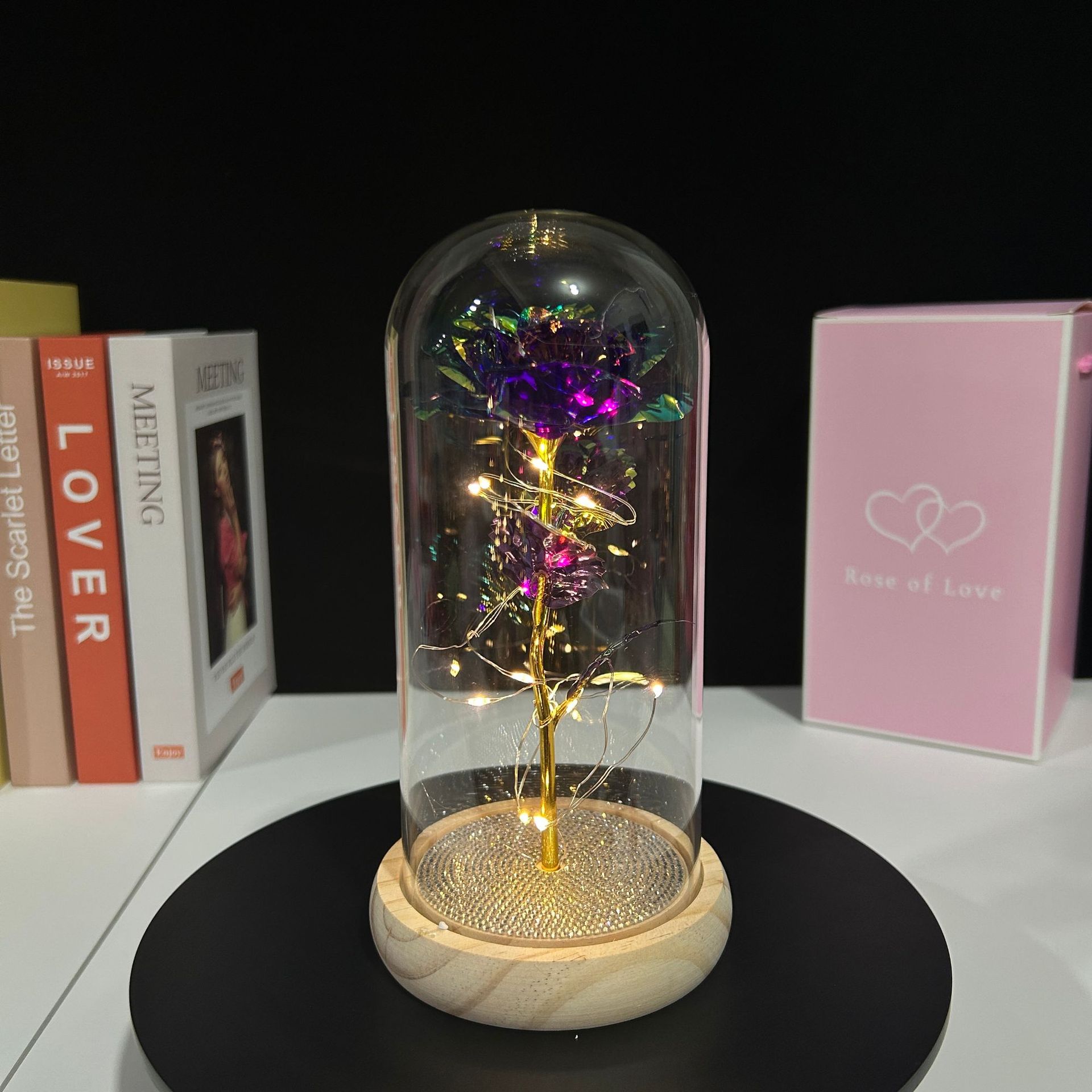 Adorno de cúpula de cristal con flor preservada, rosa seca en caja de regalo, regalo creativo para el Día de San Valentín, Navidad, para novia