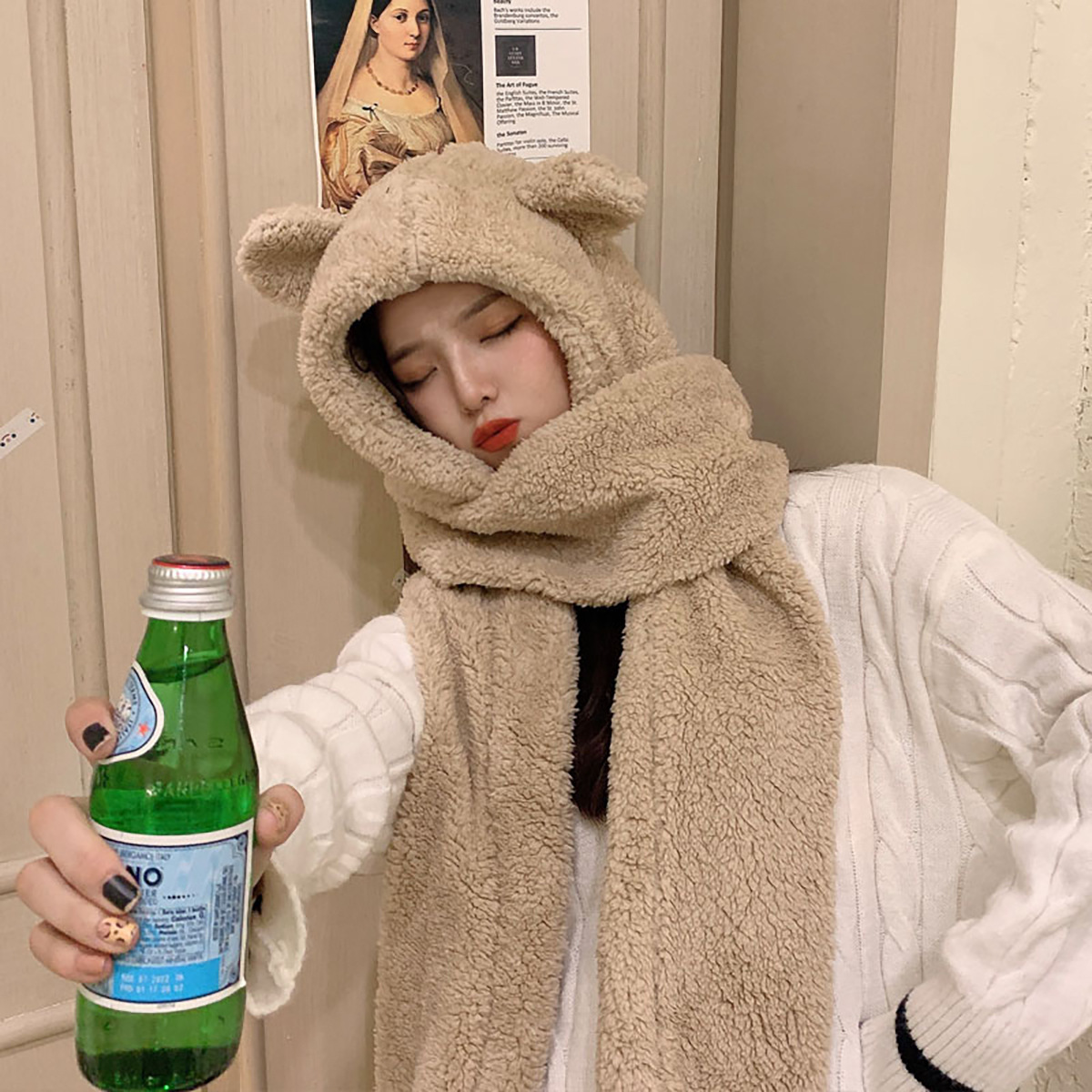 Sciarpa con orecchie d'orso invernali, cappello, guanti, sciarpa con cappuccio integrata, carina, versatile, in peluche, per donne, tendenza invernale_voghion.com