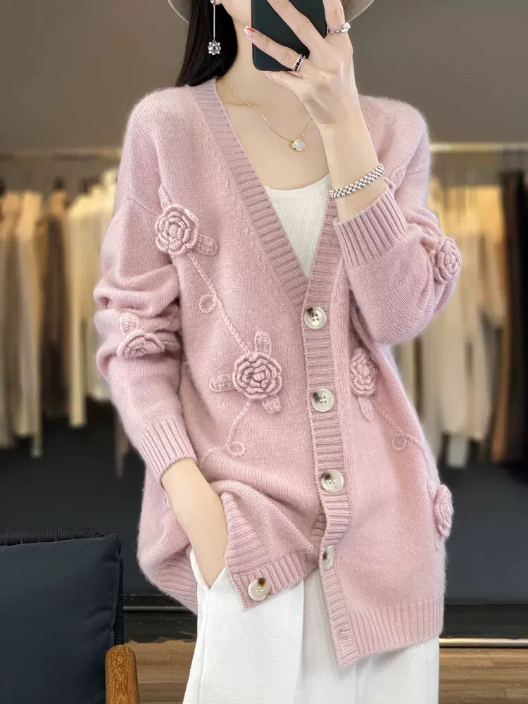 手工钩花中长款V领加厚羊绒开衫女23秋冬针织羊毛衫宽松毛衣外套