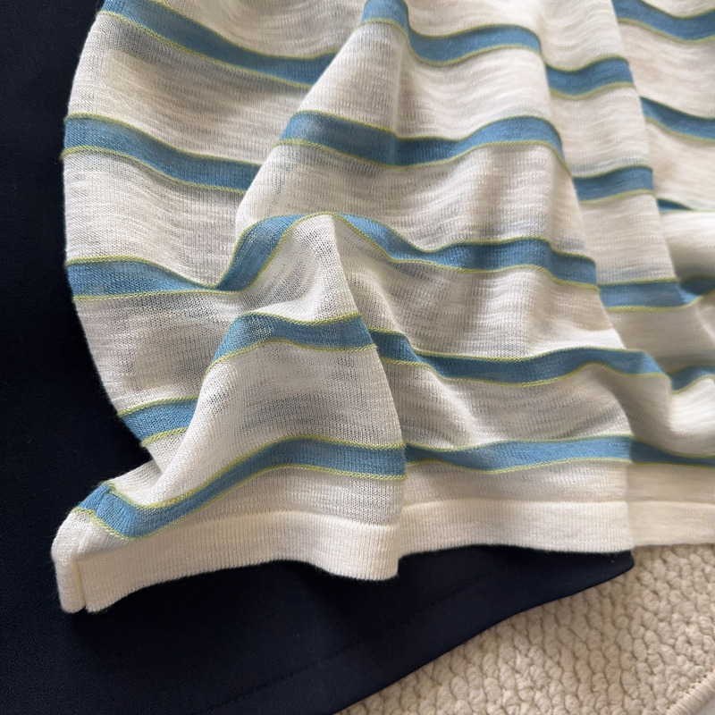 Bamboo Stripe Color-Block Knit Top for Women, Summer Lightweight Fresh Flutter Sleeve Shirt, Skin-Friendly Breathable Base Shirt