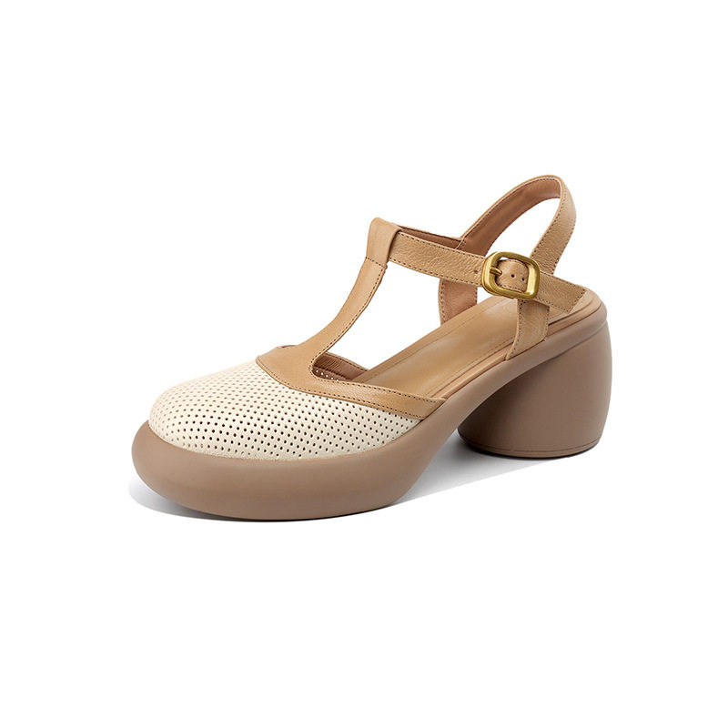 Sandal nữ da cừu đục lỗ bít mũi quai chữ T khóa cài đế dày gót cao — Màu đen