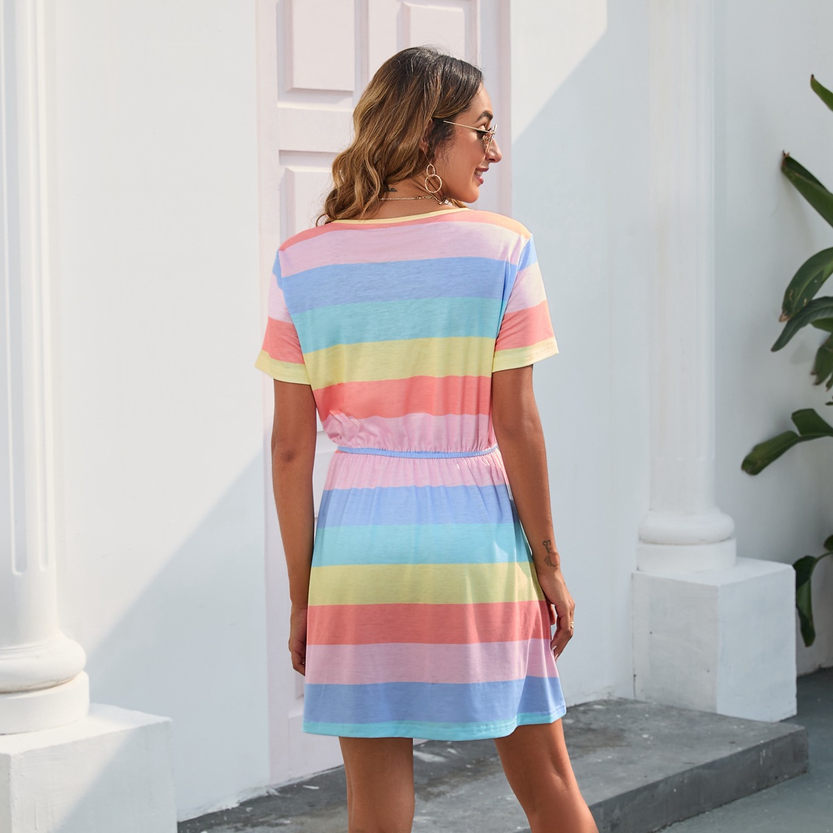 Women Round Neck Striped Printed Jumpsuit Short Sleeve Pajamas Casual Dress