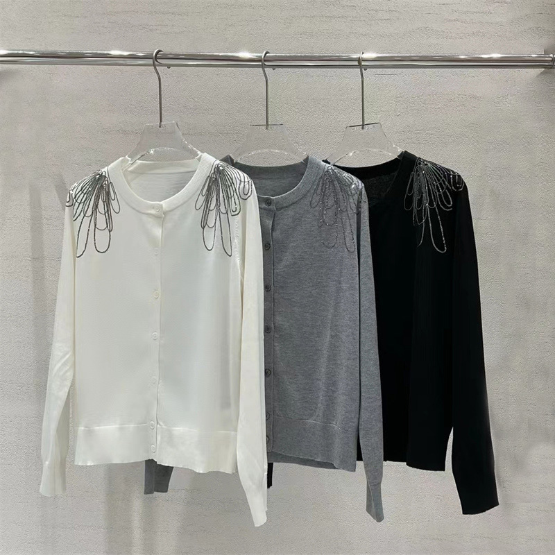 Exquisite Light Luxury Shoulder Bead Chain Sequin Heavy Industry Embroidery Round Neck Silk Wool Long Sleeve Knitted Cardigan Top Women's Spring and Autumn