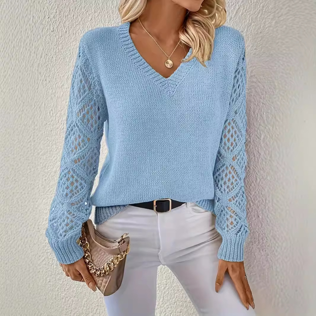 Primavera y otoño, suéter hueco de manga larga, ropa de mujer, gancho, Jacquard flojo, chaqueta de fondo de cuello en V, explosión transfronteriza, punto