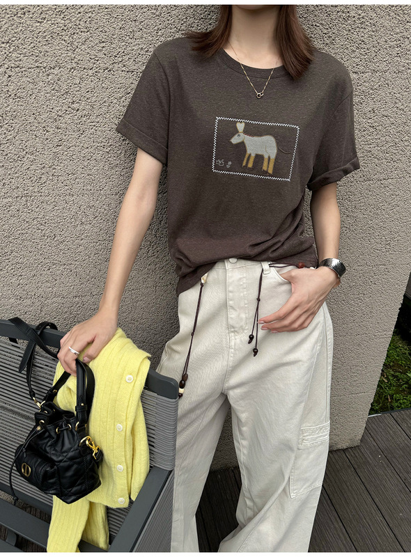 黎诺早秋新款韩系卡通小马翻边短袖T恤女2025减龄显瘦刺绣上衣ins|undefined