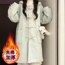 韩系薄荷绿连帽牛角扣毛呢外套女秋冬季小个子中长款加厚呢子大衣
