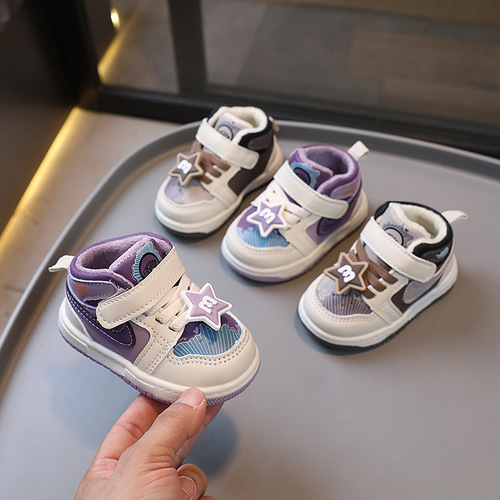 一件代发女宝宝鞋子冬季新款中帮男童运动鞋二棉加绒软底学步鞋板