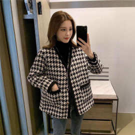 小香风千鸟格粗花呢外套女秋冬韩版宽松名媛气质棒球服短上衣