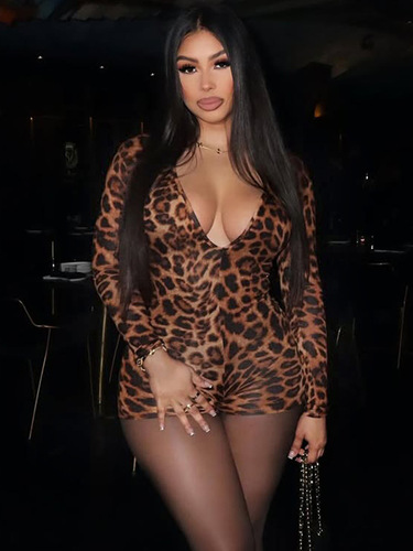 Women's Fashionable Sexy Tight Bodysuit with Leopard Print V-Neck Long Sleeve - New Autumn/Winter Best Selling US Women's Apparel