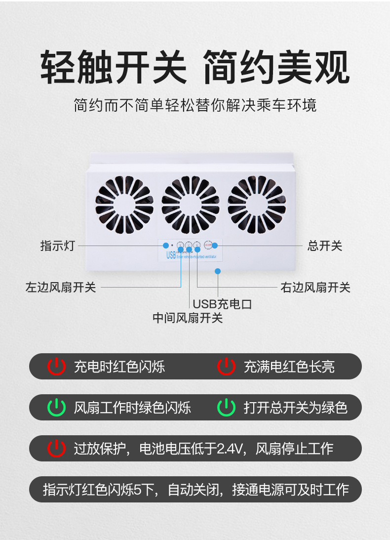 Summer Solar-Powered Three-Head Car Exhaust Fan, Car Cooling Solar Ventilation Exhaust Fan, Odor Removal Electric Fan