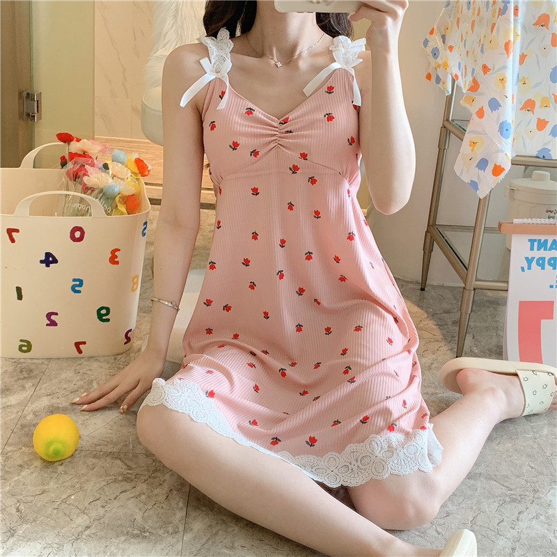 2023 pijamas de las mujeres del verano Correa camisón chica lindo encaje dulce princesa viento cinturón pecho pad desgaste en el hogar