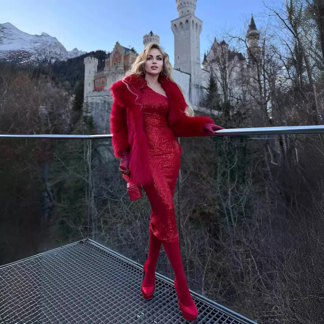 Women's Clothing New red flower one shoulder sequin dress long Christmas women's long sleeved dress autumn and winter_voghion.com