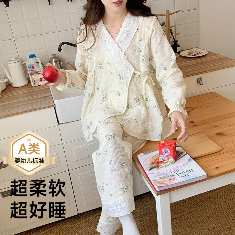 Wholesale A-Grade Cotton Gauze Maternity Pajamas Summer Pure Cotton Maternity Sleepwear for Women during Pregnancy and Postpartum Nursing Sweat-Absorbent
