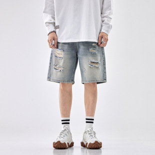 Summer Retro Ripped Denim Shorts Men's New Loose Casual Men's Five-point Pants Trendy Trapped Short Pants