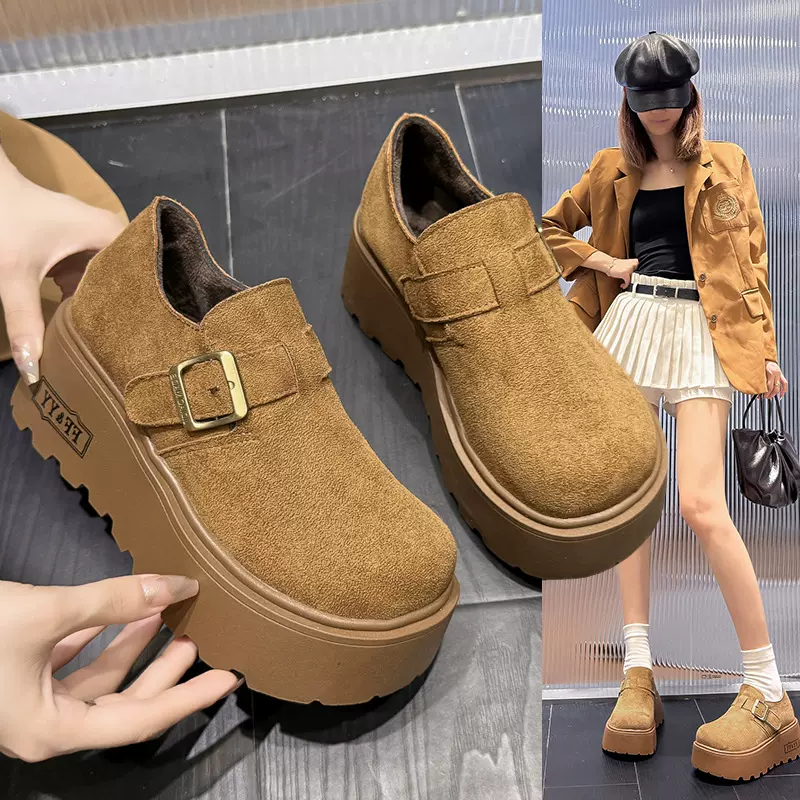 复古全包勃肯鞋女2025春季新款磨砂厚底松糕增高一脚蹬乐福鞋单鞋