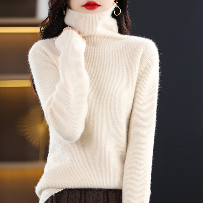 Autumn and Winter Thickened High Collar Merino Pure Wool Knitwear Women's Loose Ingot Needle Pullover Sweater Pile Collar Bottoming