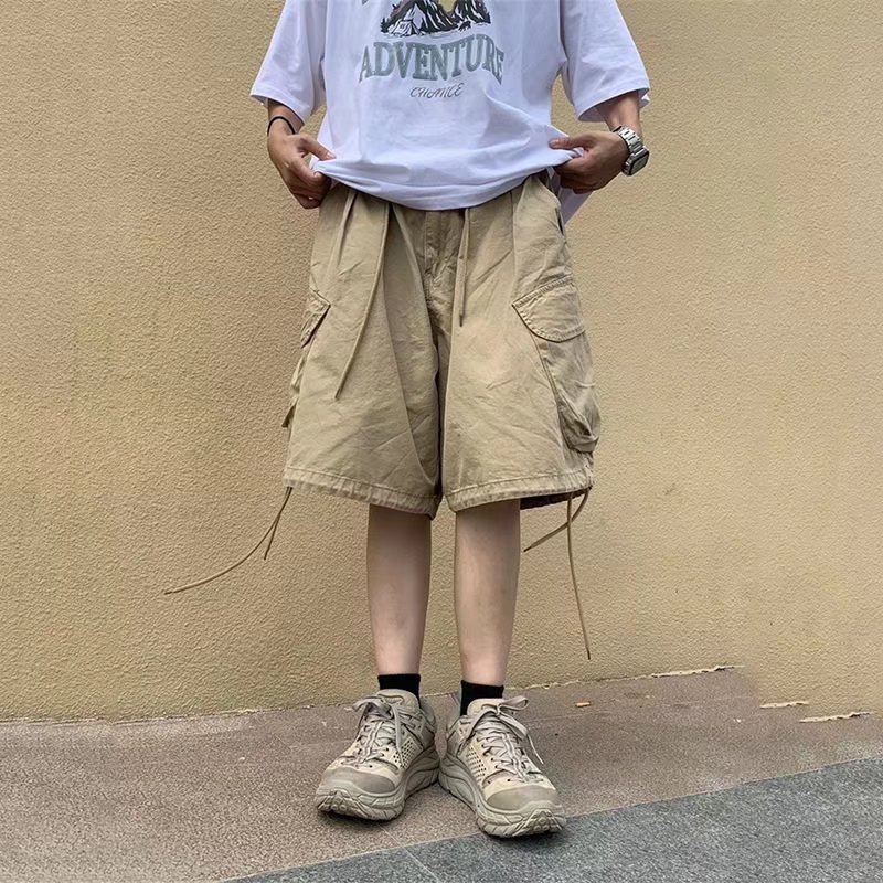 Summer Drawstring Pants Men's Japanese Style Retro Outer Wear Casual Tooling Shorts Men's Straight Loose Wide Leg Pants