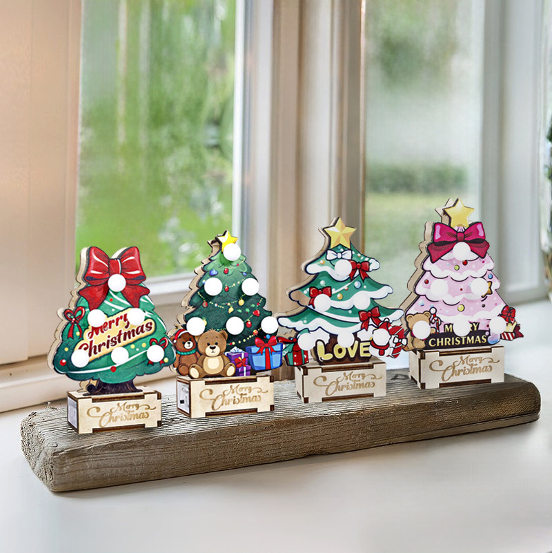 Mini árbol de Navidad de madera, vacaciones navideñas, decoración de fiesta en el hogar, regalo, decoración de árbol pequeño luminoso de mesa